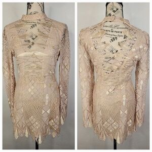 Free People Deco LaceMini Dress Sz 0 Fairy Eyelet Bell Sleeves Pink Tan